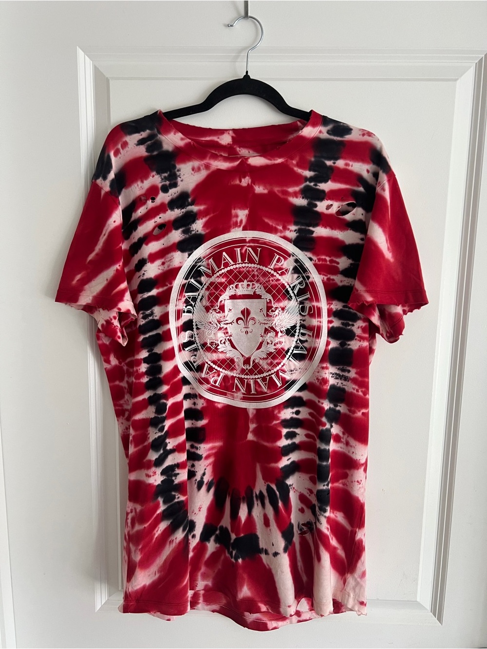 Balmain Red, Black & White Tie-Dye Graphic Tee